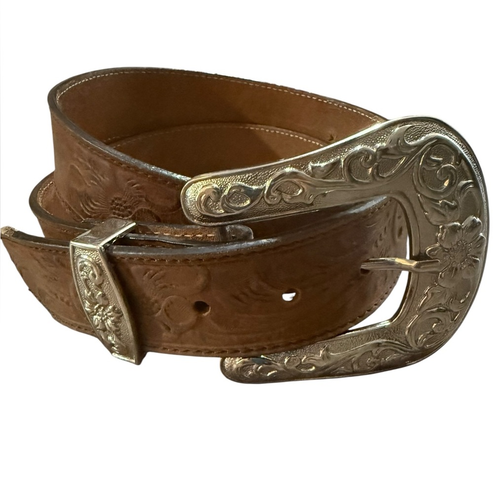 Y2K Brown Leather Silver Buckle Floral Embossed Western Rodeo Belt Mens Size 36
